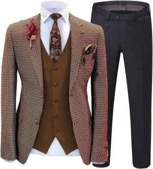 Men's 3 Piece Suit with Houndstooth Blazer Retro Tweed Scottish Tux Suit Set - Houndstooth Blazer, Pants, Vest