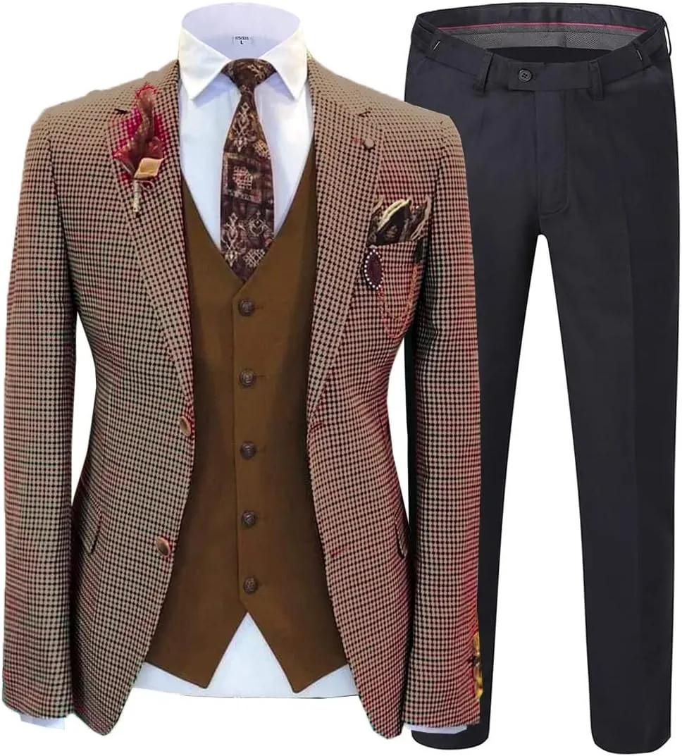 Men's 3 Piece Suit with Houndstooth Blazer Retro Tweed Scottish Tux Suit Set - Houndstooth Blazer, Pants, Vest