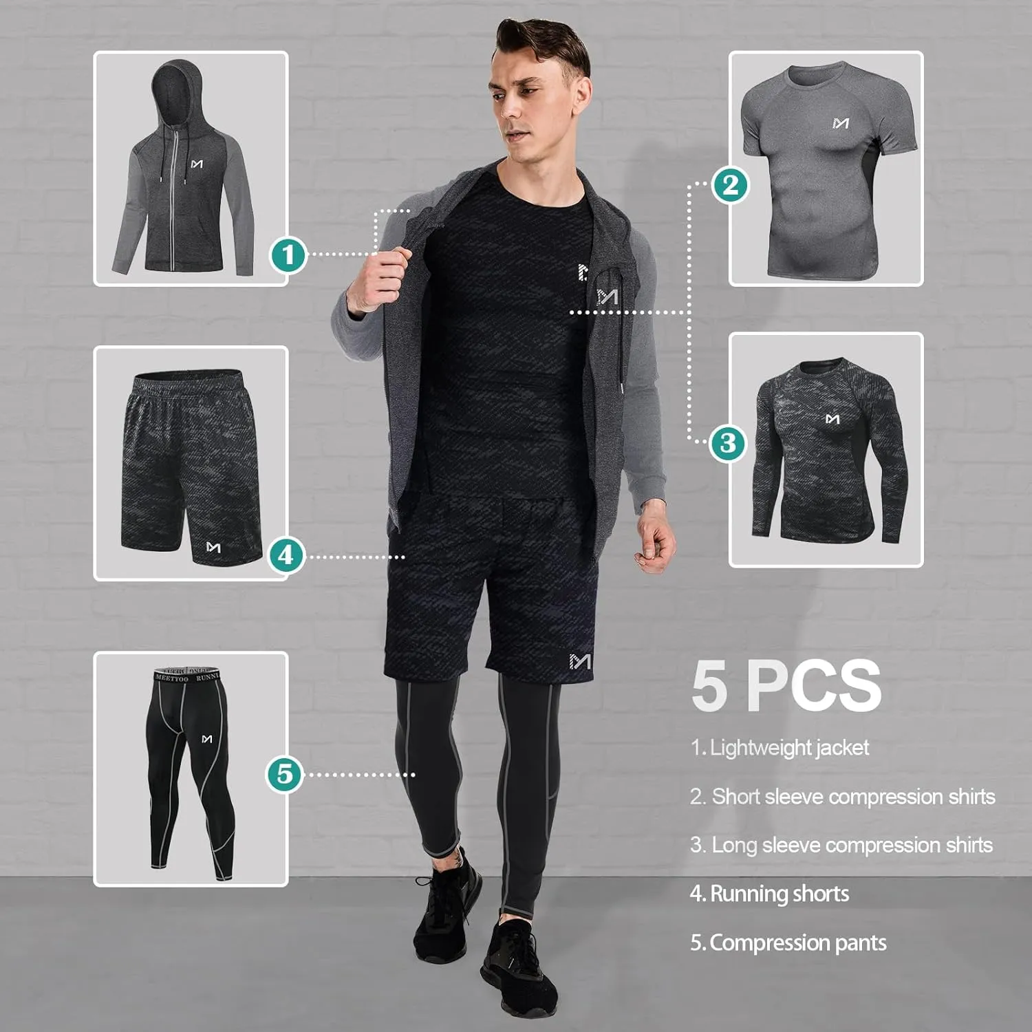 mens 5pcs Men's Compression Sets Pants Long Sleeve Shirt Athletic Shorts Running JacketShirt