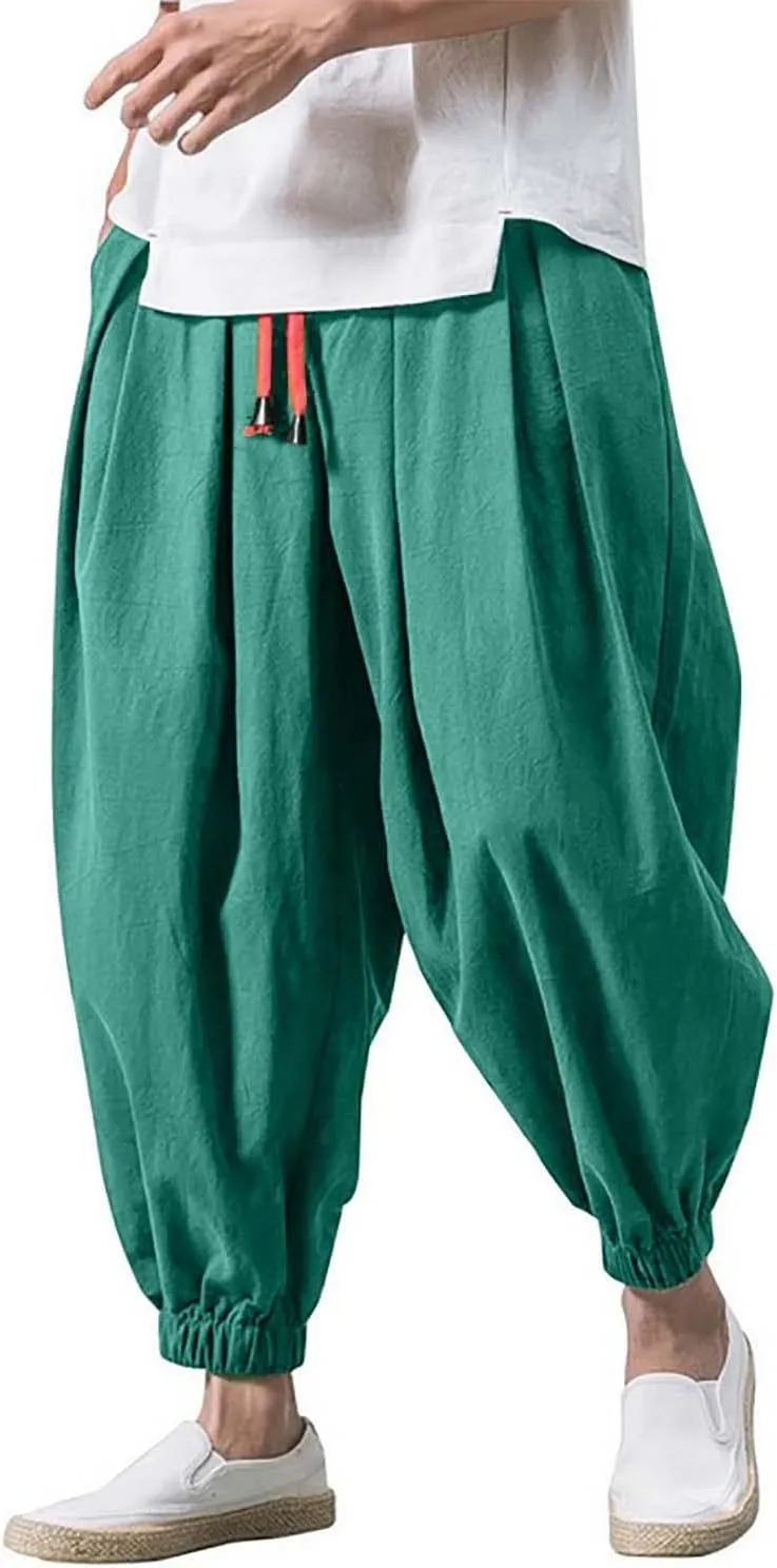 Mens Hippie Harem Pants Casual Elastic Drawstring Tapered Pants Solid Color Baggy Yoga Drop Crotch Trouser