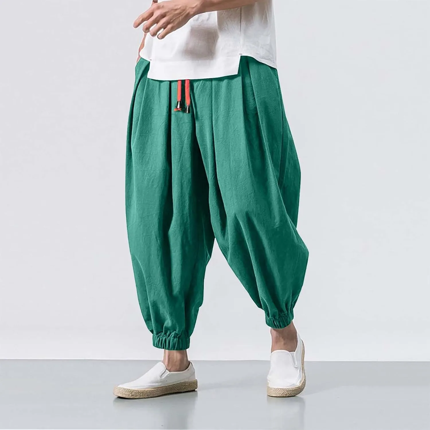 Mens Hippie Harem Pants Casual Elastic Drawstring Tapered Pants Solid Color Baggy Yoga Drop Crotch Trouser
