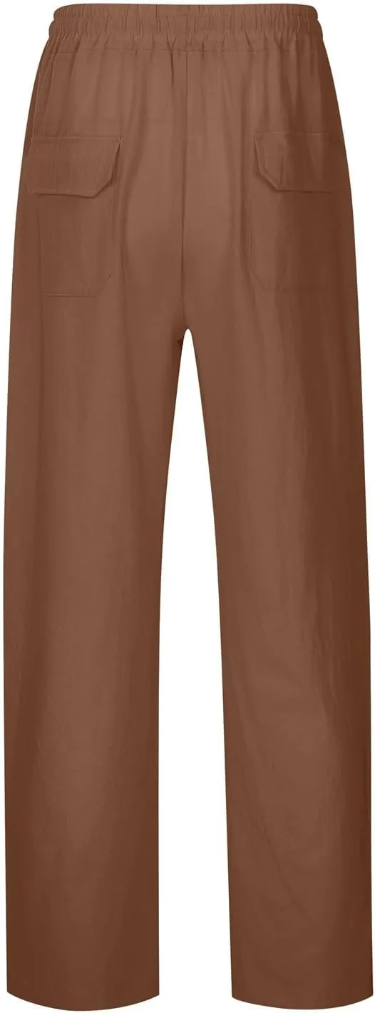 Mens Linen Pants Elastic Drawstring Waist Straight-Legs Loose Fit Casual Summer Yoga Beach Long Cotton Pants