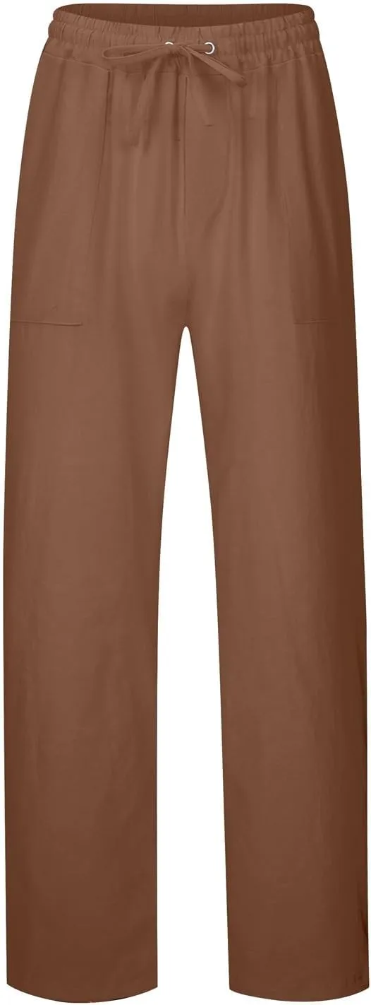 Mens Linen Pants Elastic Drawstring Waist Straight-Legs Loose Fit Casual Summer Yoga Beach Long Cotton Pants