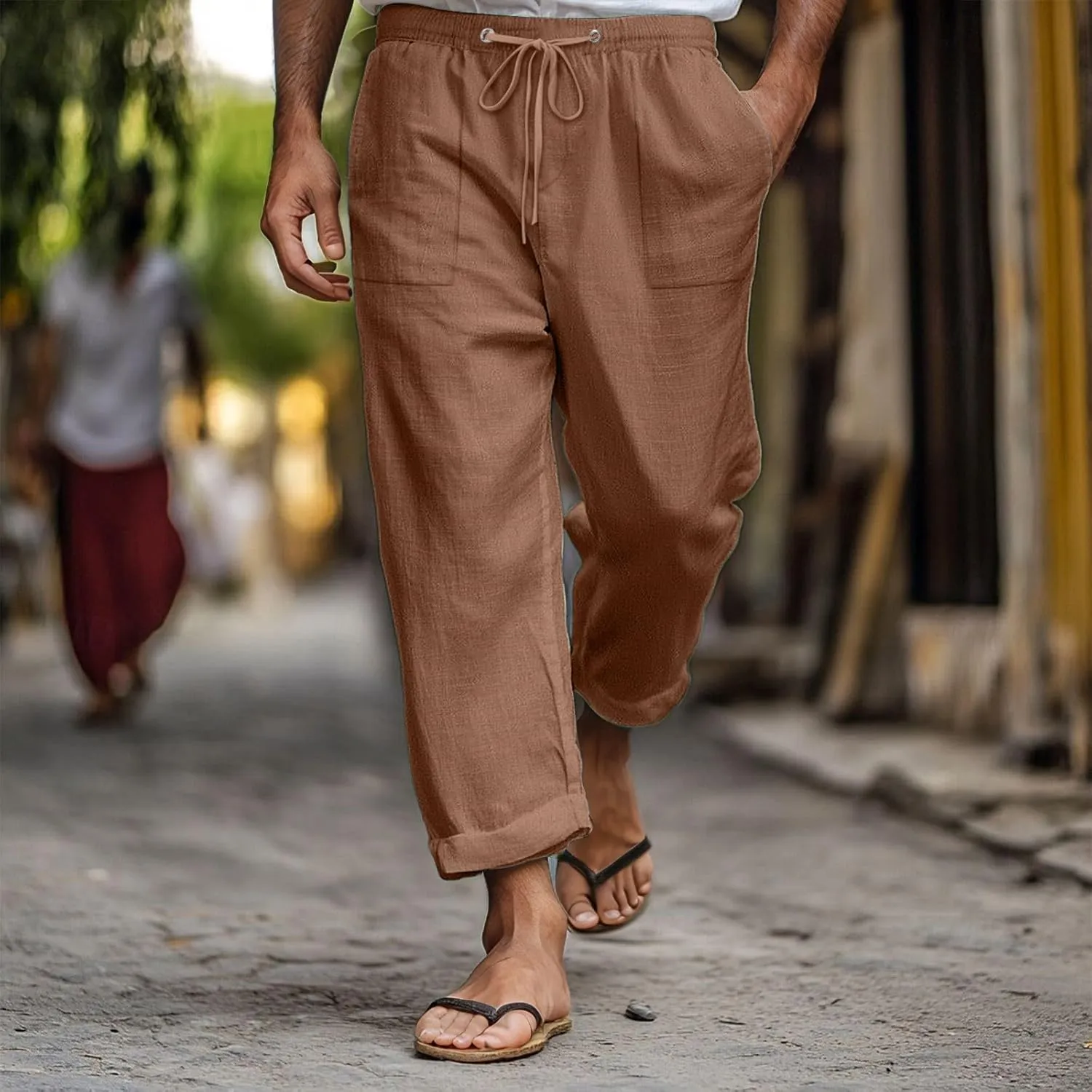 Mens Linen Pants Elastic Drawstring Waist Straight-Legs Loose Fit Casual Summer Yoga Beach Long Cotton Pants