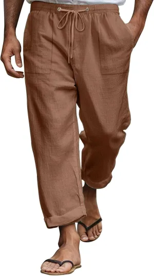Mens Linen Pants Elastic Drawstring Waist Straight-Legs Loose Fit Casual Summer Yoga Beach Long Cotton Pants