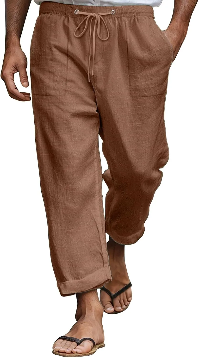 Mens Linen Pants Elastic Drawstring Waist Straight-Legs Loose Fit Casual Summer Yoga Beach Long Cotton Pants