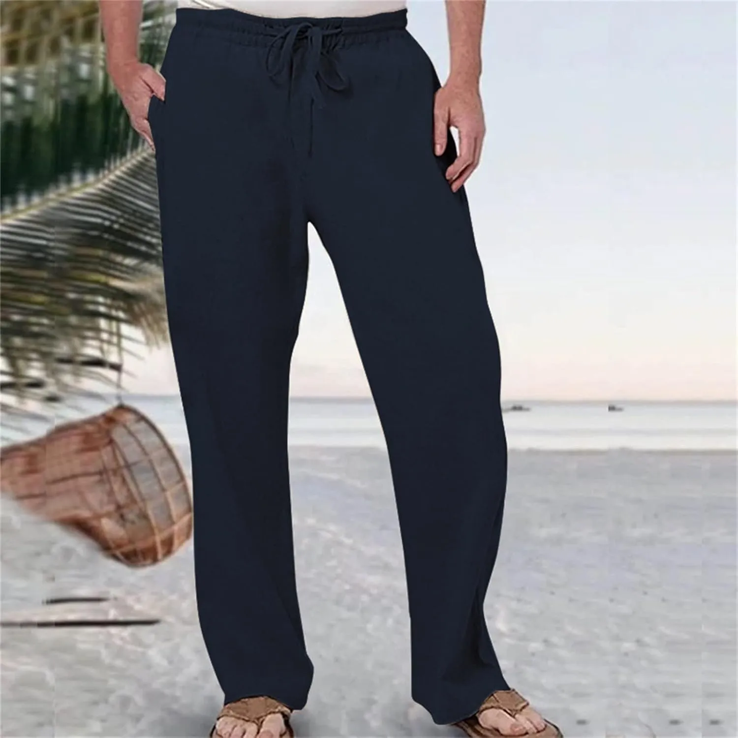 Men's Linen Pants Wide Straight Leg Joggers Regular Fit Pants Outdoor Hiking Trousers Summer Beach Yoga Pant