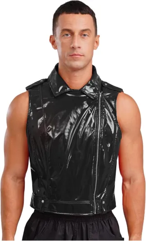 Men's Shiny Metallic Patent Leather Vest Top Undershirt Collar Front Zipper Tank Top Nightwear