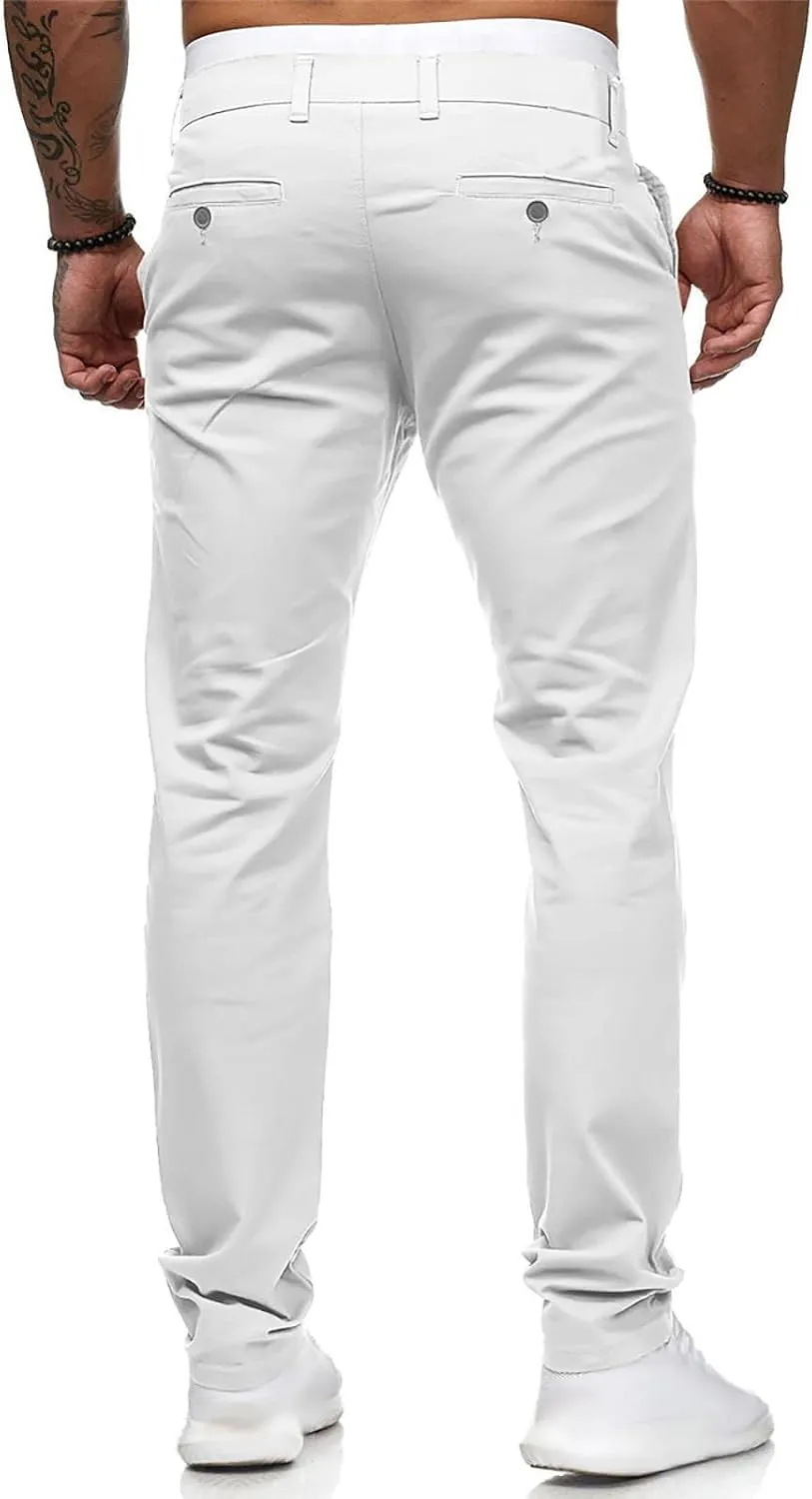 Men's Stretch Dress Pants Slim Fit Skinny Suit Pants Flat Front Chino Pant Elastic Waist Lightweight Pant w/Pockets