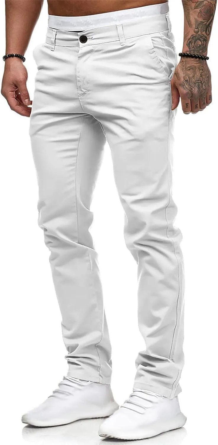 Men's Stretch Dress Pants Slim Fit Skinny Suit Pants Flat Front Chino Pant Elastic Waist Lightweight Pant w/Pockets