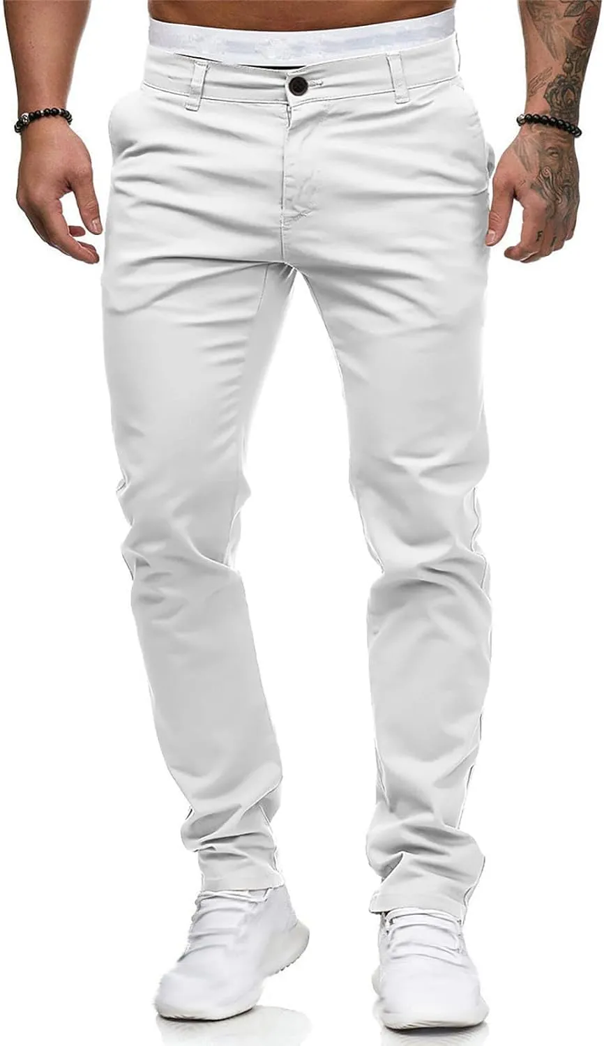 Men's Stretch Dress Pants Slim Fit Skinny Suit Pants Flat Front Chino Pant Elastic Waist Lightweight Pant w/Pockets
