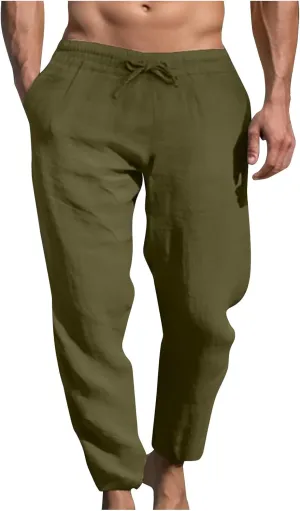 Mens Sweatpants Slim Fit Casual Linen Pants Beach Trousers with Pocket Elastic Waisted Drawstring Baggy Jogger Pants
