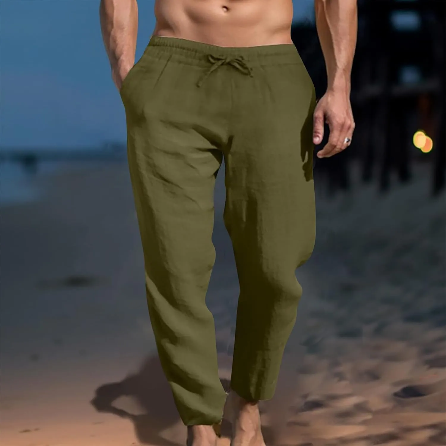 Mens Sweatpants Slim Fit Casual Linen Pants Beach Trousers with Pocket Elastic Waisted Drawstring Baggy Jogger Pants
