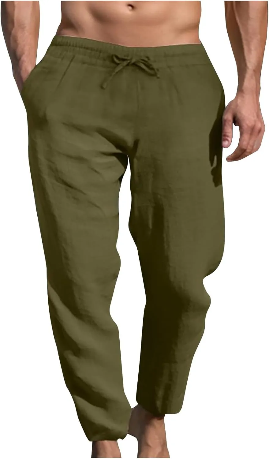 Mens Sweatpants Slim Fit Casual Linen Pants Beach Trousers with Pocket Elastic Waisted Drawstring Baggy Jogger Pants