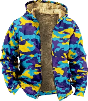Mens Zip Up Hoodie Heavyweight Camo Hoodie Thick Fleece Lined Jacket Fall Fashion Coat Warm Winter Outwear