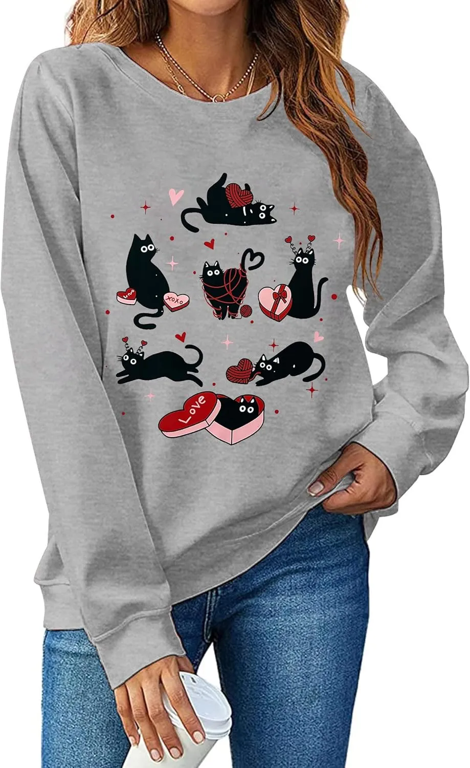 Meowy Valentines Sweatshirt for Womens Cute Black Cat Love Long Sleeve Shirt Love Heart Pullover Tops
