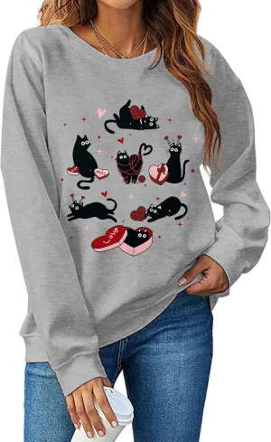 Meowy Valentines Sweatshirt for Womens Cute Black Cat Love Long Sleeve Shirt Love Heart Pullover Tops