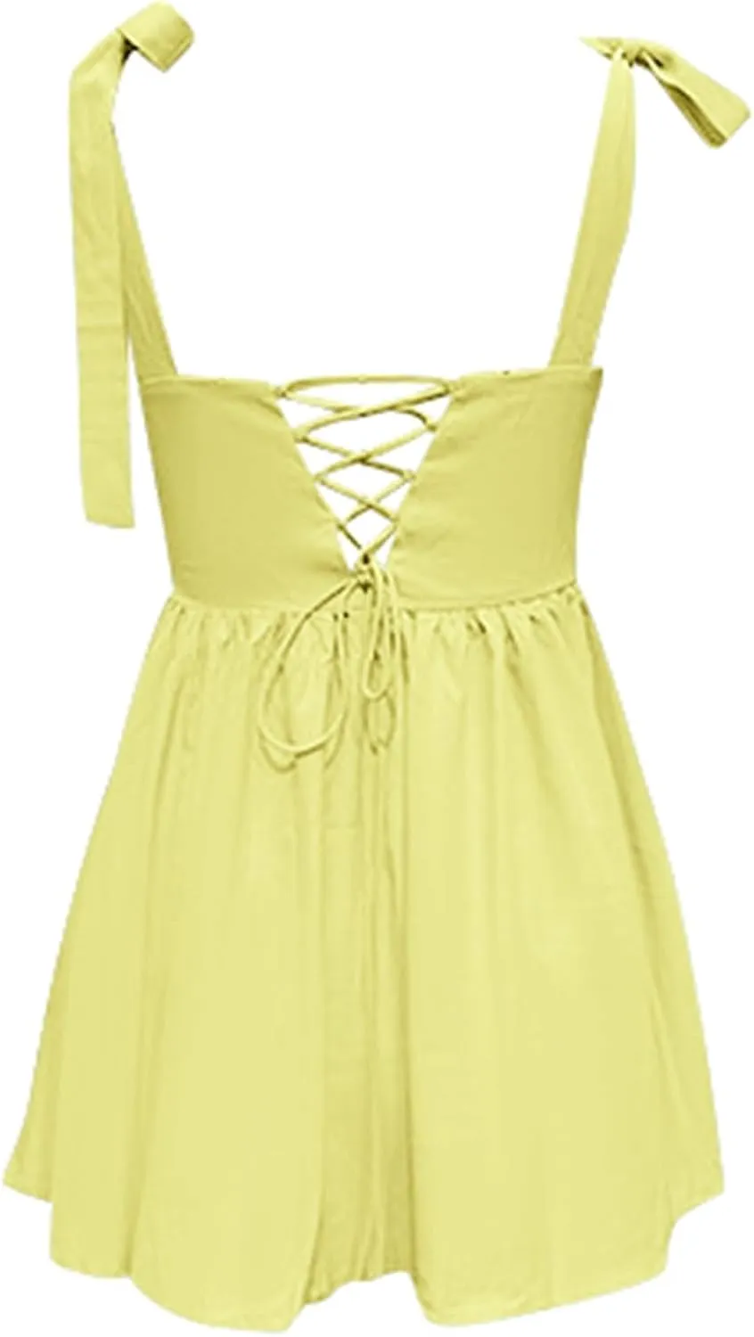Mini Dresses for Women Summer Sexy Sleeveless Square Neck Drop Waist Backless Ruffle Tie Flowy Prom Party Dress
