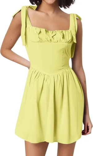 Mini Dresses for Women Summer Sexy Sleeveless Square Neck Drop Waist Backless Ruffle Tie Flowy Prom Party Dress
