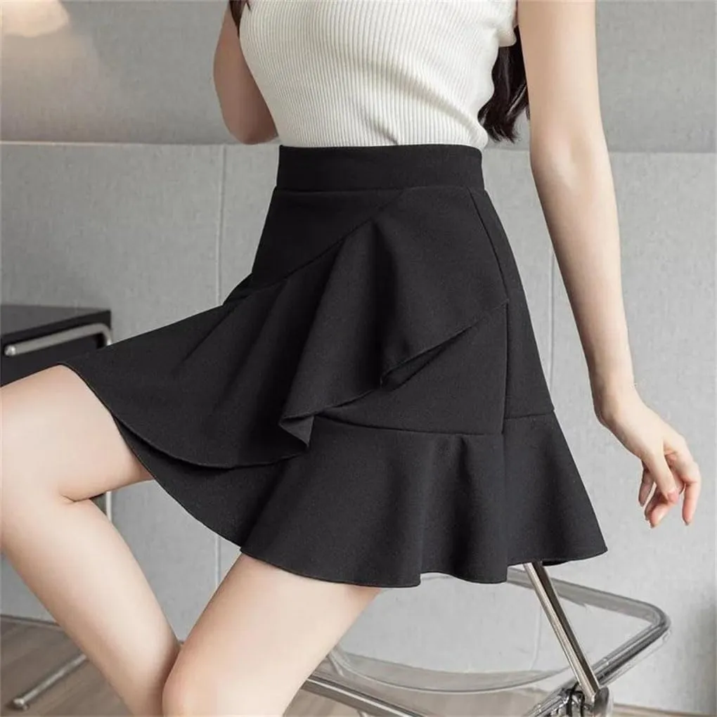Mini Pleated Skirts Women High Waist A Line Faldas Casual Solid Color Slim Ruffles Skirt