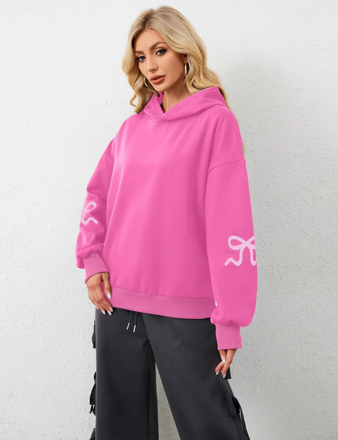 MISSACTIVER Women Oversized Bow Print Hooded Sweatshirt Fleece Long Sleeve Drop Shoulder Graphic Pullover Hoodie Tops