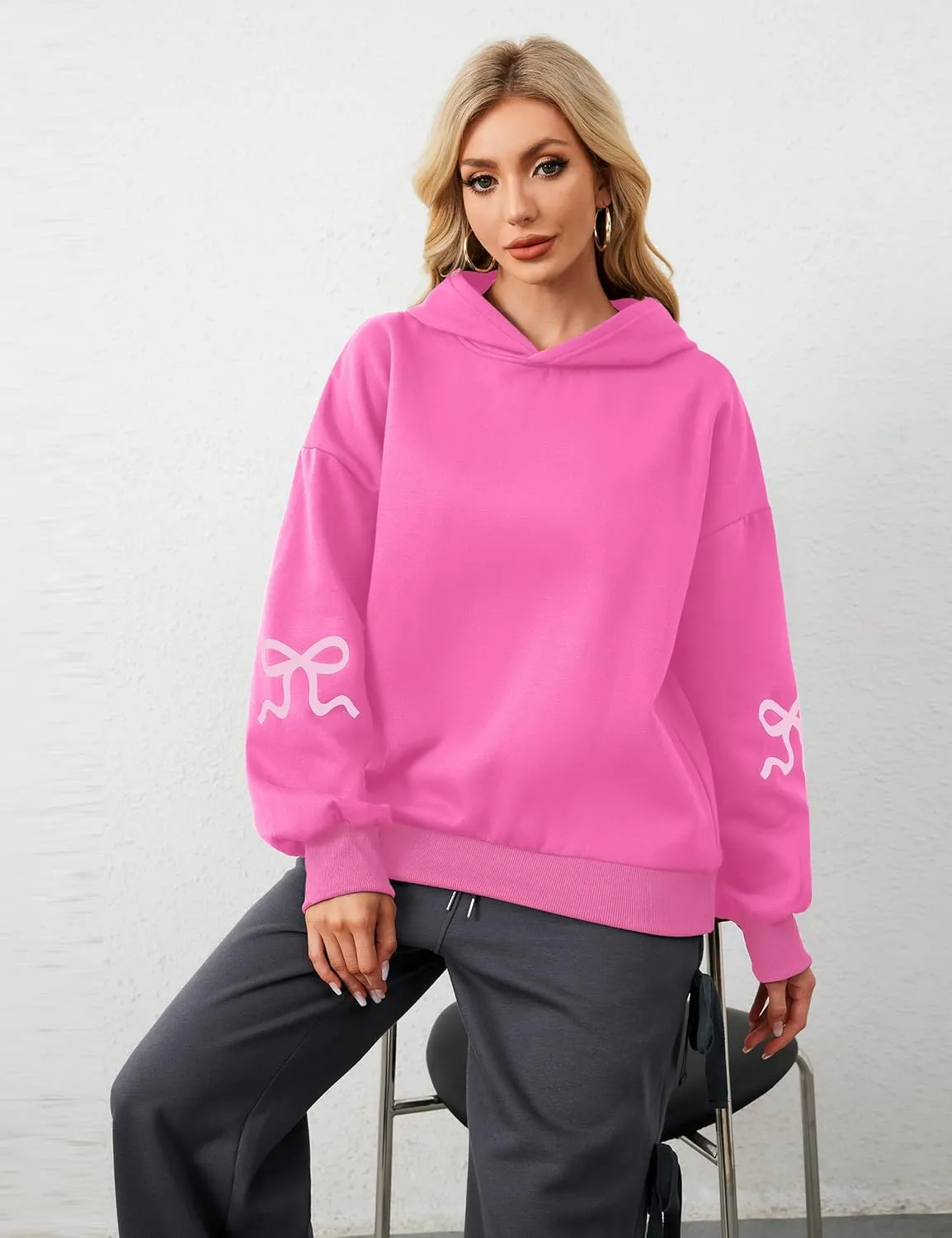 MISSACTIVER Women Oversized Bow Print Hooded Sweatshirt Fleece Long Sleeve Drop Shoulder Graphic Pullover Hoodie Tops