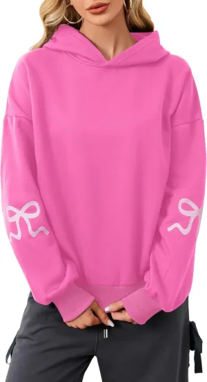 MISSACTIVER Women Oversized Bow Print Hooded Sweatshirt Fleece Long Sleeve Drop Shoulder Graphic Pullover Hoodie Tops