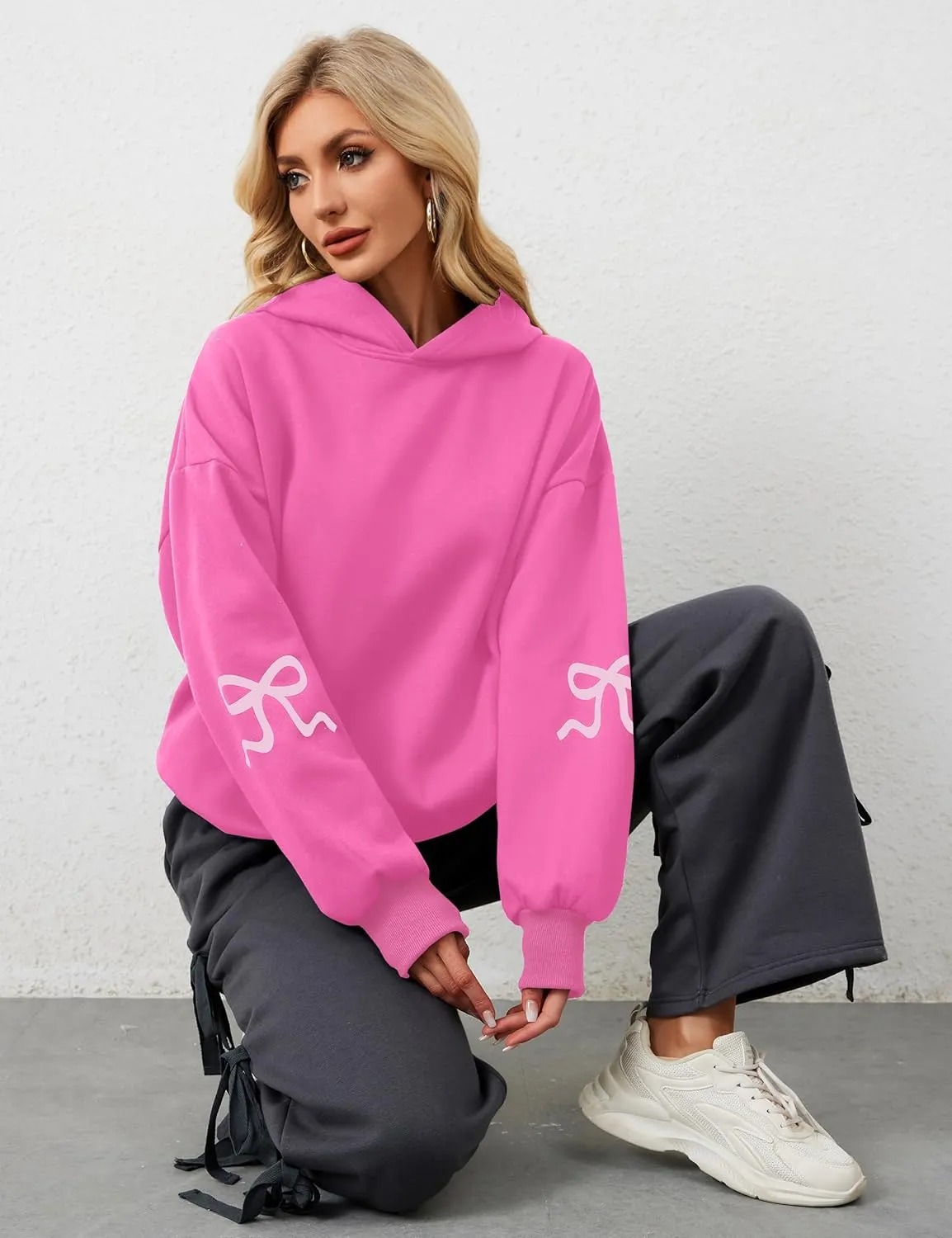 MISSACTIVER Women Oversized Bow Print Hooded Sweatshirt Fleece Long Sleeve Drop Shoulder Graphic Pullover Hoodie Tops