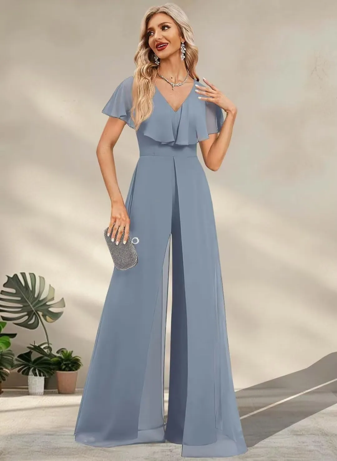 Mother of The Bride Pant Suits for Wedding 2 Pieces Chiffon Pantsuits for Wedding Guest Jumpsuit for Women