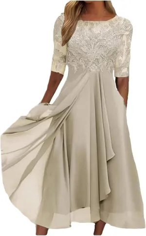 Mother of The Groom Dresses for Wedding Lace Appliques Short Sleeves High Low Crew Neck Chiffon Formal Evening Dress