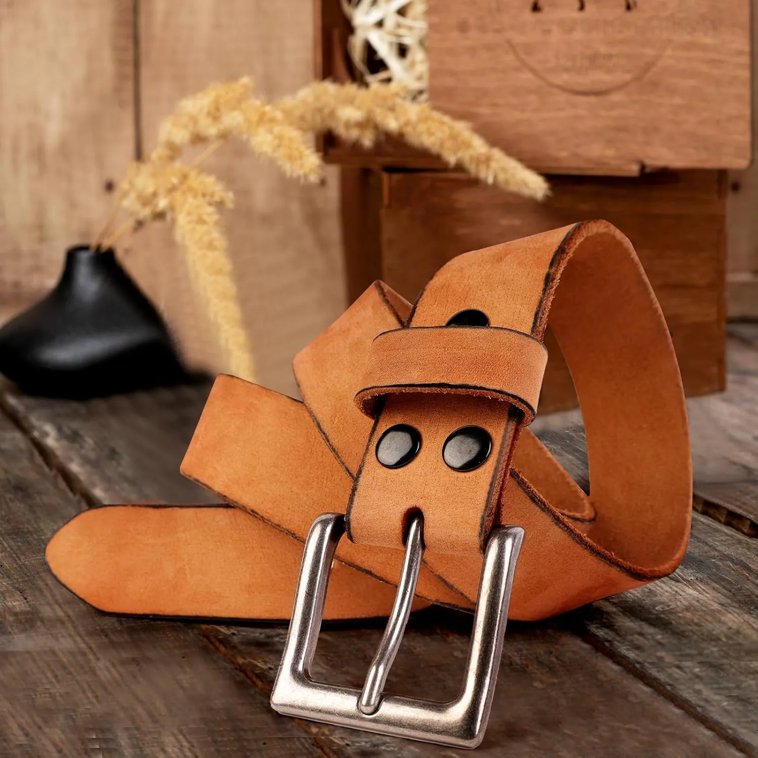 NPET Mens Leather Belt Full Grain Vintage Distressed Style Snap on Strap 1 1/2" Wide with Buckle