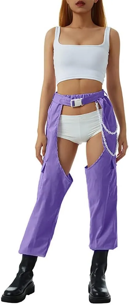 OBEEII Women's Sexy Buckle Bottomless Pants High Waist Rave Hiphop Punk Rock Crotch Hollow Out Cargo Pants Trousers