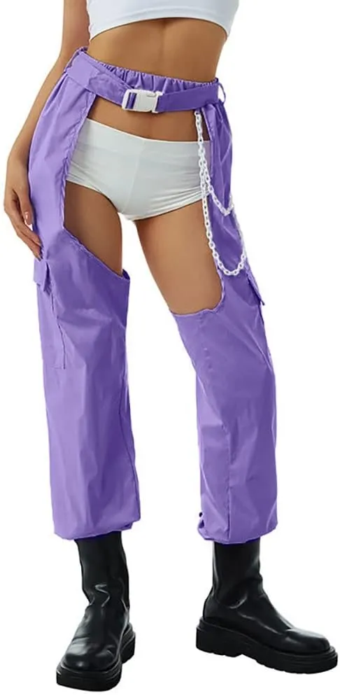 OBEEII Women's Sexy Buckle Bottomless Pants High Waist Rave Hiphop Punk Rock Crotch Hollow Out Cargo Pants Trousers