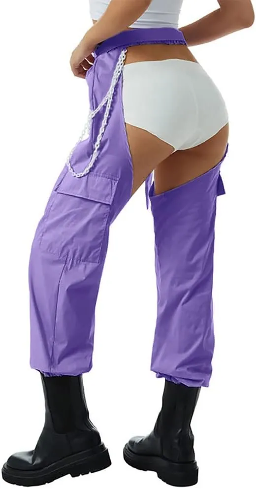 OBEEII Women's Sexy Buckle Bottomless Pants High Waist Rave Hiphop Punk Rock Crotch Hollow Out Cargo Pants Trousers