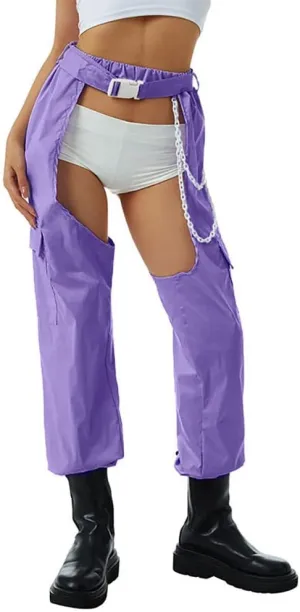 OBEEII Women's Sexy Buckle Bottomless Pants High Waist Rave Hiphop Punk Rock Crotch Hollow Out Cargo Pants Trousers