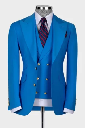 Ocean Blue Peaked Lapel Three Pieces Wedding Men Suits Business Suits Tuxedo Suits