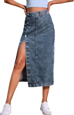 ODIZLI Women's Casual High Waisted Solid Button Up Denim Jean Skirt Side Slit