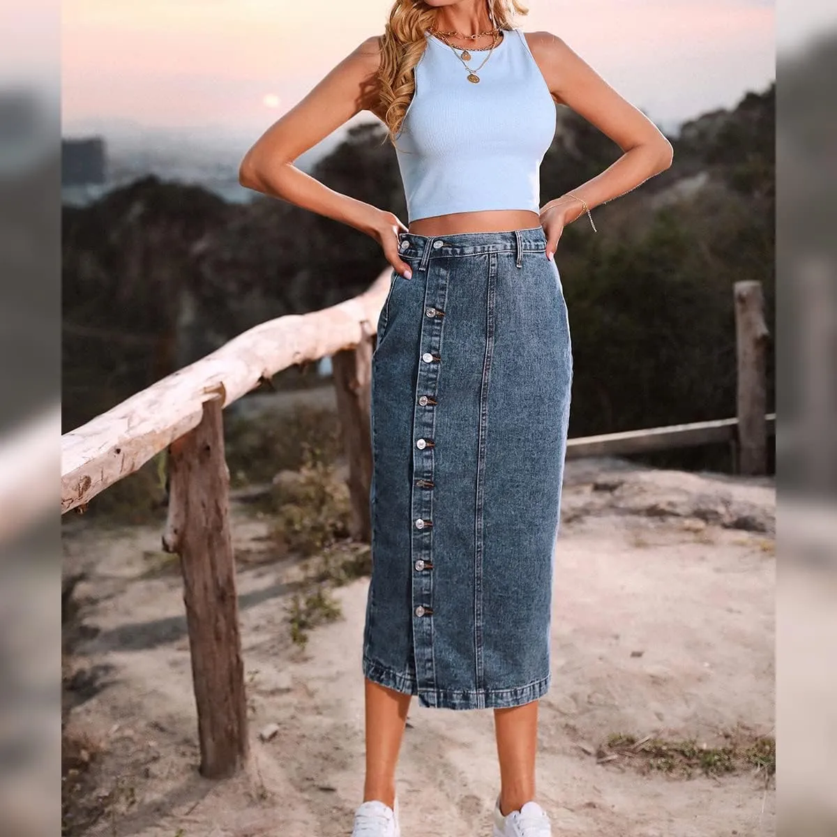 ODIZLI Women's Casual High Waisted Solid Button Up Denim Jean Skirt Side Slit