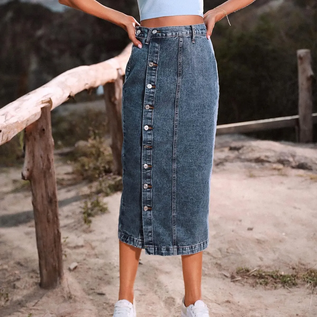 ODIZLI Women's Casual High Waisted Solid Button Up Denim Jean Skirt Side Slit