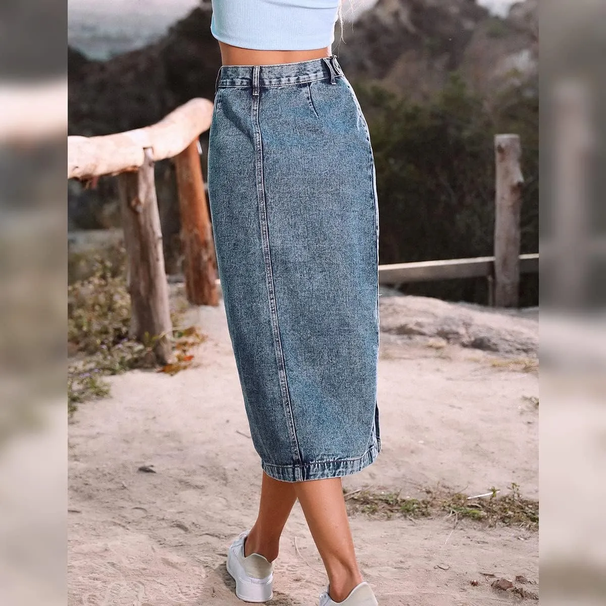 ODIZLI Women's Casual High Waisted Solid Button Up Denim Jean Skirt Side Slit