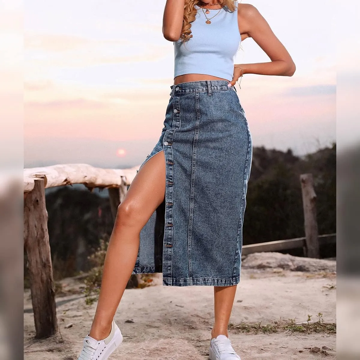 ODIZLI Women's Casual High Waisted Solid Button Up Denim Jean Skirt Side Slit