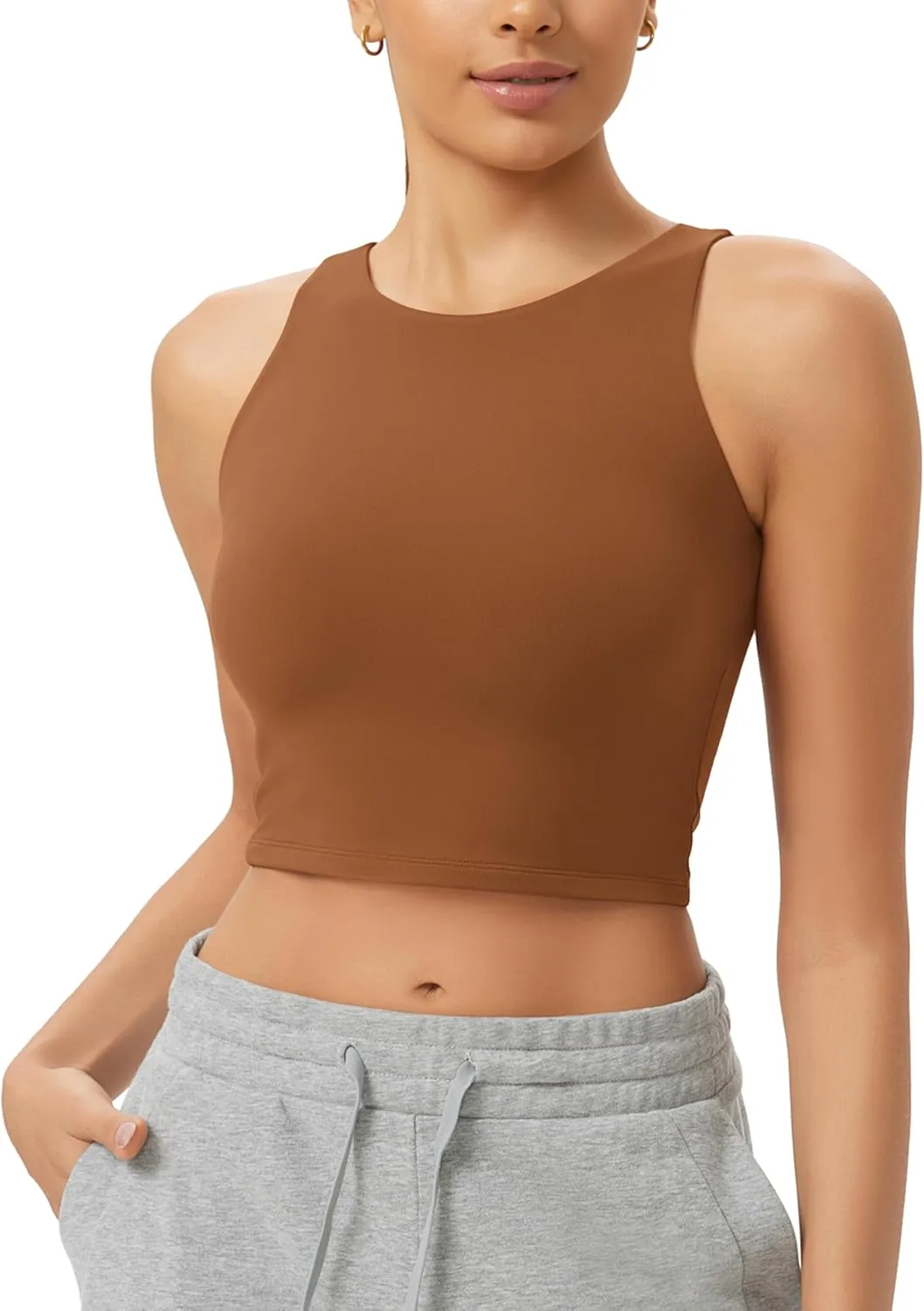 ODODOS Double Layer High Neck Crop Tank for Women Cloud Feeling Sleeveless Casual Yoga Cropped Tops