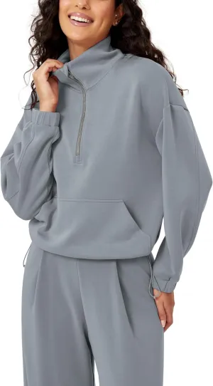 ODODOS Women's Modal Soft Cinchable Sweatshirts Half Zipper Funnel Neck Oversize Pullover with Pockets