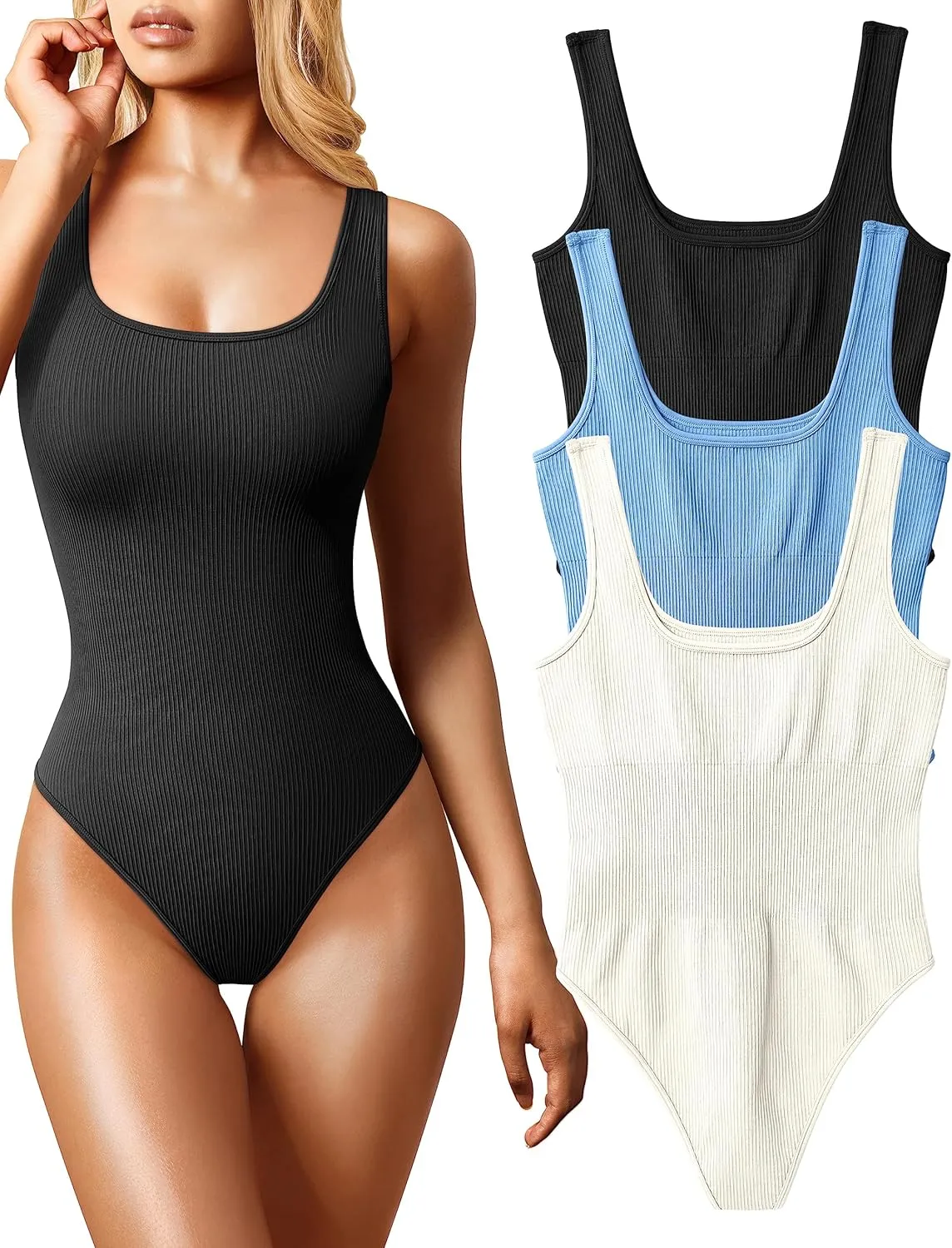 OQQ Women's 3 Piece Bodysuits Sexy Ribbed Sleeveless Square Neck Tank Tops Leotard 2025 Trendy Outfits