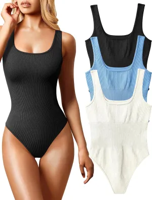 OQQ Women's 3 Piece Bodysuits Sexy Ribbed Sleeveless Square Neck Tank Tops Leotard 2025 Trendy Outfits