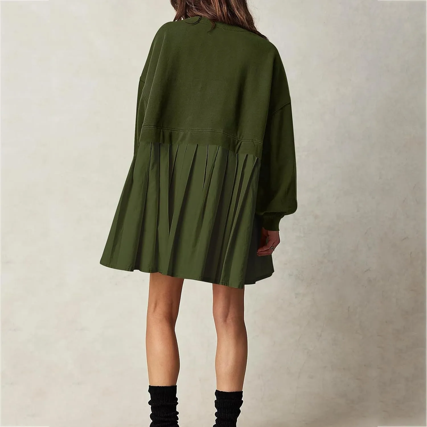 Oversized Sweatshirt Dress for Women Long Sleeve Patchwork Crewneck Pullover Loose Flowy Pleated Tops Mini Dress