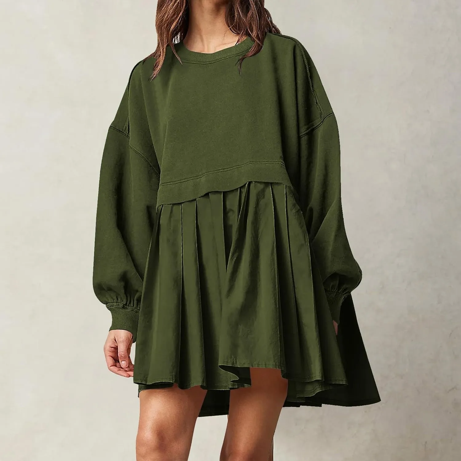 Oversized Sweatshirt Dress for Women Long Sleeve Patchwork Crewneck Pullover Loose Flowy Pleated Tops Mini Dress