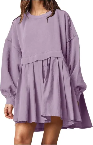 Oversized Sweatshirt Dress for Women Long Sleeve Patchwork Crewneck Pullover Loose Flowy Pleated Tops Mini Dress