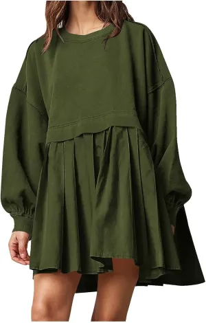 Oversized Sweatshirt Dress for Women Long Sleeve Patchwork Crewneck Pullover Loose Flowy Pleated Tops Mini Dress