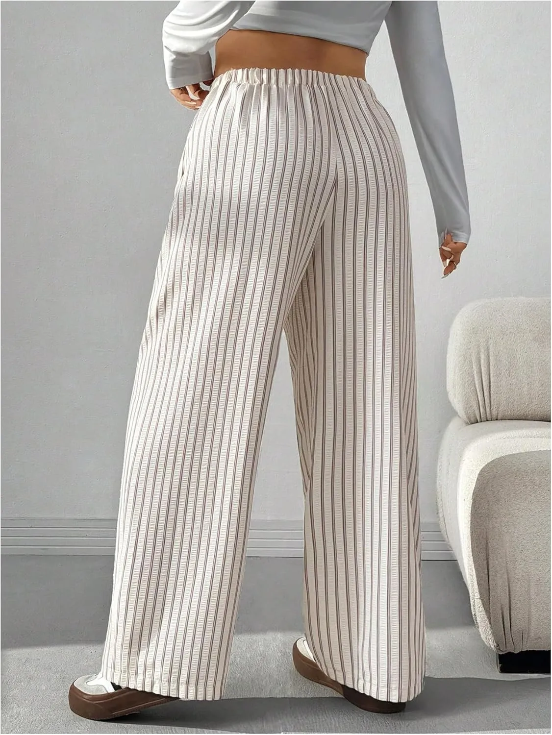 OYOANGLE Women's Plus Size Striped Drawstring Pants Elastic High Waist Wide Leg Casual Loose Trousers with Pockets